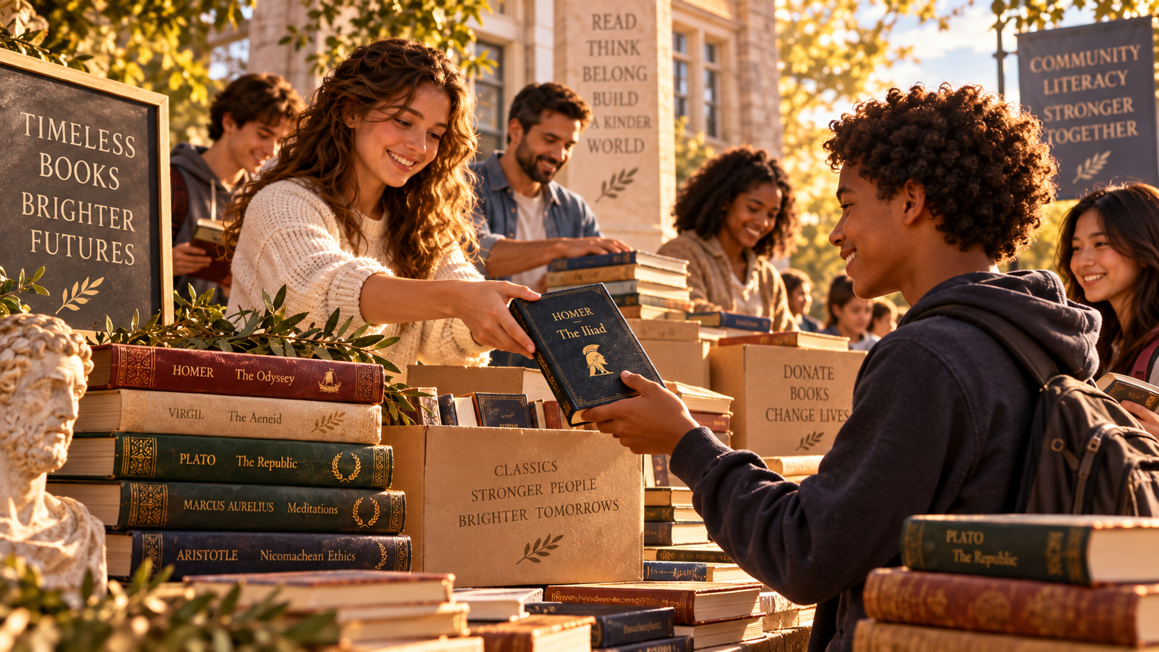 A book drive scene with classical books prepared for distribution.